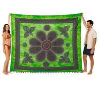 o-day Serviette de plage double coton ethnique - Grande serviette de plage 240 x 220 cm - Couverture de plage XXL artisanale multifonction (fleurs en vol, vert sauve)