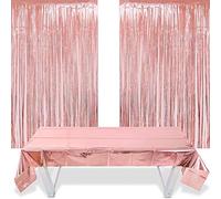 O-Kinee 2 Or Rose Rideau Metallique Et 1 Nappe Rose Gold 1m*2.7m, pour Or Rose Décoration Fête, Décoration de Fête d'anniversaire, Decoration Bapteme