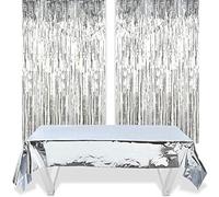 O-Kinee 2 Rideau Metallique Et 1 Nappe Argenté 1m*2.7m, pour Argenté Décoration Fête, Décoration de Fête d'anniversaire, Decoration Bapteme