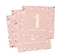 O-Kinee 30pcs Serviettes Anniversaire 1 Ans, Serviettes Rosa Gold Decoration Anniversaire, Serviettes Cocktail en Papier 1 happy birthday Fête Anniversaire Vacances Célébration, 3 Plis 33x33cm