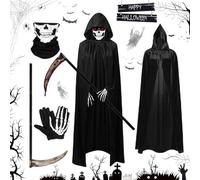 O-Kinee Déguisement faucheur Halloween Ensemble de vêtements Cape à Capuchon Noire, Une Faucille rouillée, Une Serviette pour Le Visage du crâne, des Gants de crâne, Halloween Carnaval