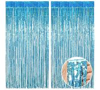 O-Kinee Rideau Métallique de Frange, Clair Tinsel Rideau Shimmer Fenetres Brillants ，Rideau Scintillant pour Photographie, La Fête Mariage, Anniversaire, Noël Party (1 * 2m) Laser Lac Bleu 2 Pièces