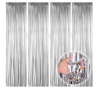 Rideaux à Franges, 4 pcs Argent Rideau Brillant Métallique Rideau Toile de Fond Décoration pour Cabine de Photo Décorations Halloween Noël Bricolage Décorations (1 * 2m)