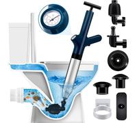 O OLAX Kit de déboucheur 5 en 1 à air comprimé - Pompe de débouchage avec corps en acier inoxydable 304, indicateur de pression d'air et 8 embouts - Pompe WC pour toilettes, lavabo, douche, cuisine