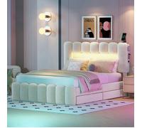 O.Ye 140x200 avec 4 Tiroirs de Rangement, Lit 2 Personnes avec Bande Lumineuse LED avec USB et Chaîne Stéréo, Beige