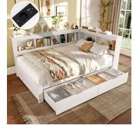 O.Ye Banquette-Lit 140x200 Aggloméré Blanc, 2 Tiroirs, Prise + 2 USB, Sommier Inclus - Sans Matelas