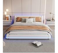 O.Ye Lit 2 Personnes Lit Plat 160x200 cm, Lit au Sol, Lit Double a Éclairage D'Ambiance LED, Télécommande 24 Touches, PU, Blanc