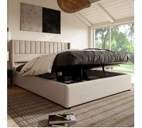O.Ye Lit coffre hydraulique 160x200 cm, tête de lit en tissu beige, matelas inclus, structure robuste et rangement mult LIT COMPLET