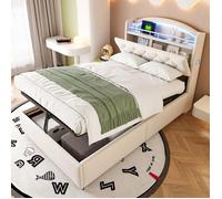 O.Ye Lit coffre hydraulique ZUBALIYA 90 x 200 cm - avec ports USB, port de charge Type-C et éclairage LED, lit enfant, LIT COMBINE