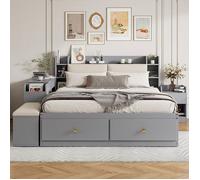 O.Ye Lit combiné en bois massif 140x200 cm avec rangement intégré avec tiroirs avec table de nuit avec banquette Lit double Gris