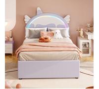 O.Ye Lit double 140 x 200 cm Lit enfant cartoon, forme licorne, lit enfant équipé d'un lit gigogne, matériau PU, LED, violet