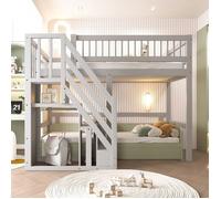 O.Ye . Lit en bois massif 90*200,escalier,armoire de rangement,lit enfant,lit adolescent,lit simple,cadre en bois gris LIT COMBINE