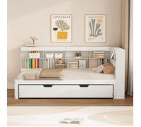 O.Ye Lit en bois massif 90*200, lit gigogne 90*190 avec prises USB et multiples rangements, lit simple, lit multifonction en bois,