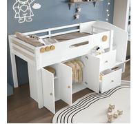 O.Ye Lit en bois massif, 90x200cm, lit enfant, lit mi-hauteur, échelle de rangement avec porte magnétique, grands multi LIT COMBINE