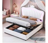 O.Ye Lit enfant 140x200 cm, lit coffre hydraulique, cadre de lit simple fille, avec éclairage LED, dossier, cuir PU mul LIT COMBINE