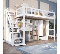 O.Ye Lit enfant 90*200 cm ZUBALIYA - lit simple, avec bureau, escalier, armoires de rangement et penderie, bois massif, LIT COMBINE