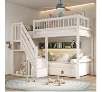 O.Ye Lit enfant 90*200cm, escalier avec rangements, lit ado, lit simple, structure bois massif version surélevée, blanc LIT COMBINE