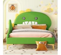 O.Ye Lit enfant 90×200cm,Lit enfant en forme de dinosaure de dessin animé,matériel PU,Vert multicolore LIT COMPLET