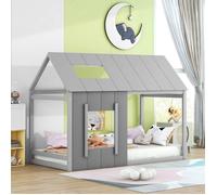 O.Ye Lit Enfant 90x200 cm, Lit Cabane en Forme de Maison, Lit Plat à Une Place avec Toit et FenêTre, Gris Foncé + Gris Clair