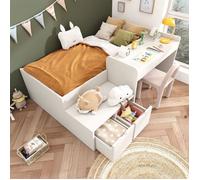 O.Ye Lit Enfant 90x200cm, Lit Simple pour Fille et Garçons avec Bureau et Tiroirs, Lit avec Rangement et Sommier, Blanc LIT COMBINE