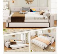 O.Ye lit gigogne 2 places 90 x 200/190 cm avec sommier(sans matelas), avec compartiment de rangement rabattable, USB + type C, lin