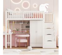 O.Ye Lit mezzanine, 90 x 200 cm, lit simple, avec armoire, étagères et bureau, escalier avec tiroirs intégrés, lit mu LIT MEZZANINE