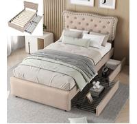 O.Ye Lit simple 90x200 cm, Lit coffre 1 personne Table de chevet rembourre avec rivets dcoratifs, double tiroirs, beige fonc