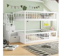 O.Ye Lit superposé 140x200 cm avec tiroirs et escalier de sécurité, Lit enfant avec rangement, Lit 2 personnes en bois Gris