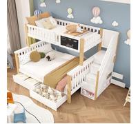 O.Ye Lit superposé 3 places 90(140)*200cm, Lit triple enfant avec 2 tiroirs et Escalier de rangement,lit enfant ave LITS SUPERPOSES