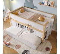 O.Ye Lit superposé, 90x200 cm, avec lit gigogne, lit enfant, plusieurs rangements, matelas non inclus, blanc + natu LITS SUPERPOSES