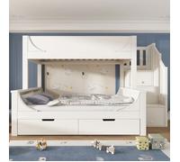 O.Ye Lit superposé enfant, 90/140x200cm, avec armoire échelle et tiroirs, lit en bois massif avec protection multic LITS SUPERPOSES