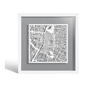 O3 DESIGN STUDIO Carte de Lyon découpée encadrée, carte blanche, cadre blanc, 23 x 23 cm, coffret cadeau, 4 couleurs de fond, changement automatique, art sur papier