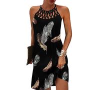 OADOBKICE Robe À Manches Courtes Femme Robe Élégante Femme Robe Ethnique Jupe Imprimée Robe sans Manches Femme Robe Décontractée Robe Base Femme D’Été Robe Plage Robe De Beauté Plume Noire 3XL