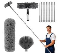 Oaioya Plumeau Télescopique 4,3m avec Extension Réglable, 4 Pcs Nettoyage avec Tête Microfibre Lavable, Brosse Aspirante Intégrée + Raclette, Balai Toile d'Araignée pour Plafonds, Meubles et Stores