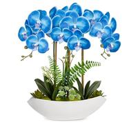 Oairse Arrangement de fleurs artificielles Orchidée bleue - 45,72 cm - Fausses fleurs en soie avec pot en céramique - Grand arrangement de Phalaenopsis artificiel pour la décoration de la maison, du