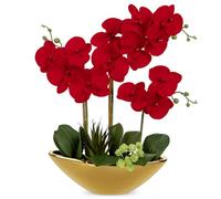 Oairse Arrangement de fleurs artificielles Orchidée rouge - 45,72 cm - Fausses fleurs en soie avec pot en céramique doré - Grand arrangement de Phalaenopsis artificiel pour la décoration de la maison