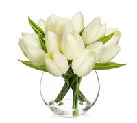 Oairse Lot de 14 petites fleurs artificielles dans un vase au toucher réaliste dans un vase cube en verre avec eau synthétique - Mini bouquet de tulipes blanches pour décoration de table de mariage,