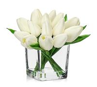 Oairse Lot de 14 petites fleurs artificielles dans un vase au toucher réaliste dans un vase cube en verre avec eau synthétique - Mini bouquet de tulipes blanches pour décoration de table de mariage,