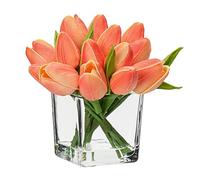 Oairse Lot de 14 petites fleurs artificielles dans un vase, au toucher réaliste, fausses tulipes dans un vase cube en verre avec eau artificielle, mini bouquet de tulipes pêche pour décoration de