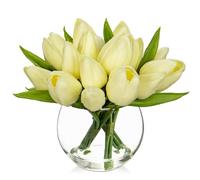 Oairse Lot de 14 petites fleurs artificielles en pot, tulipes artificielles réalistes au toucher, en pot en verre cube avec mini bouquet de tulipes crème pour maison, mariage, centre de table