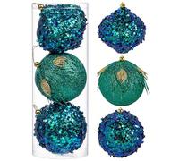 Oairse Lot de 3 grandes boules de Noël bleu paon de 10 cm pour décoration de sapin de Noël à paillettes, guirlandes de vacances, designs uniques avec plumes, paillettes et paillettes