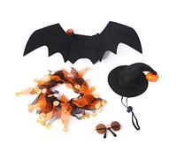 OAJABBGE Costume d'Halloween pour animaux de compagnie Ensemble de 4 pièces ailes de chauve-souris réglable Chapeau de sorcière lumineux Col mignon avec cloches Décoration et lunettes