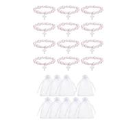 OAJABBGE Lot De 12 Bracelets Perles Crucifix En Fausses Bijoux Fête Douches Mariée Cadeaux Baptême Avec Pochettes Décoratives D'imitation Roses Cadeaux Célébration Crucifix