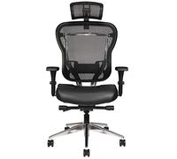 Oak Hollow Furniture Aloria Series Chaise de bureau ergonomique en cuir véritable avec coussin d'assise et dossier en maille réglable et dossier haut pivotant et inclinable (noir, appui-tête)