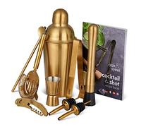 Oak & Steel - 10 Pièces Ensemble-Cadeau Shaker à Cocktail Professionnel en Acier Inoxydable, Doré - Kit Barman Complet avec Livre de Recettes Cocktail & Shot