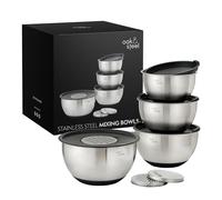 Oak & Steel - 4 Bols à Mélanger avec Base Antidérapante, Saladiers INOX (4,5L, 3,5L, 2,5L, 2L), 4 Couvercles Hermétiques & 3 Râpes Réglables - Ensemble-Cadeau