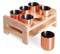 Oak & Steel - 6 Verres à Shot en Acier Inoxydable Or Rose avec Planche à Liqueur en Bois (50ml) - Shooter en Cuivre Original avec Plateau - Cadeau pour Anniversaires & Saint-Valentin