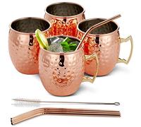 Oak & Steel - Ensemble de 9 Moscow Mule - 4 Tasses en Cuivre, 4 Pailles & Brosse - Solide & Incassable - Cocktails & Boissons Froides - Fêtes en Plein Air, Pique-niques, Plage & Piscine