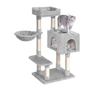 Oak & Tea Arbre à Chat pour Grands Chats, 100 cm, Grotte à Chat avec 3 Portes, hamac et 7 griffoirs, Grand perchoir en Peluche, Pompons, Gris
