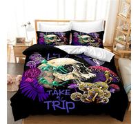 OaKita Crâne Housse de Couette Gothique Crâne Noir Parure de Lit Tête de Mort Microfibre Rose Floral Skull Sets de Housse Couette avec 2 Taies d'oreiller (A08,140 x 200 cm)